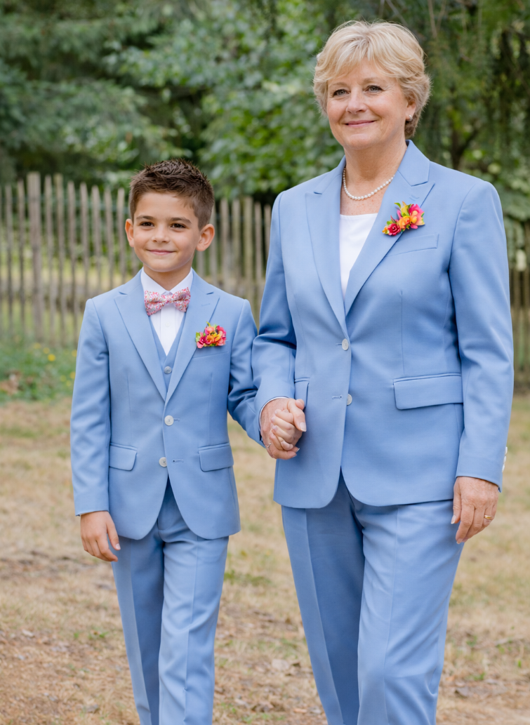 Tenue sur mesure femme & enfant : duo cérémonie bleu ciel